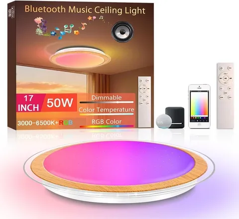 17" Smart LED Flush Mount Ceiling Light Bluetooth Speaker Alexa RGB- Wood/White