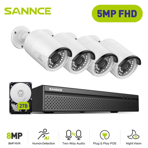 SANNCE 5MP POE Security Camera System 8CH 4K NVR Two Way Audio 2TB AI Detection