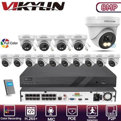 Vikylin 16CH NVR System 24H Color MINI Turret Monitor MIC 8MP Camera homekit Lot