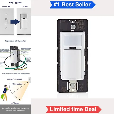 Motion Sensor Light Switch 180° View 900 sq ft Coverage No Neutral Wire