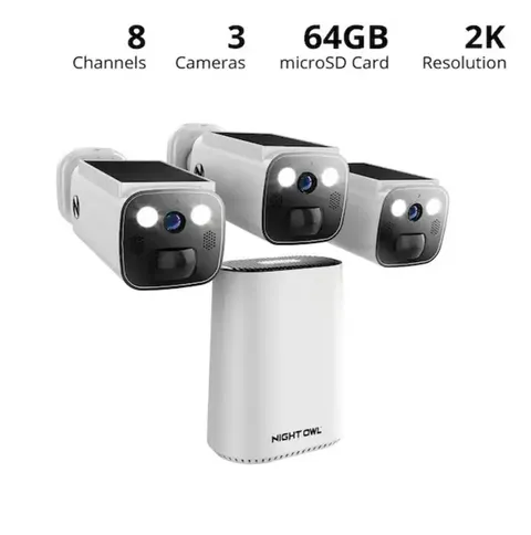Night Owl8-Channel 2K 64GB Hub Recorder Security System with 3-Battery Solar