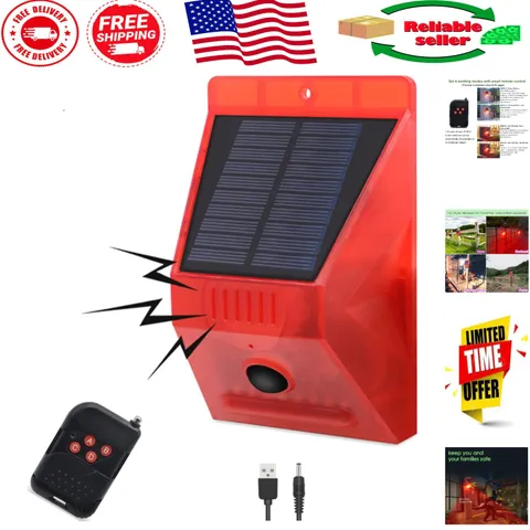 Solar Outdoor Motion Sensor Alarm with 130db Siren – 4 Modes & Remote Control