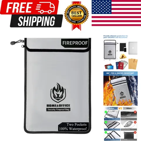 Upgraded Two Pockets Fireproof Document Bag 2000℉, 15”x 11”Waterproof Firepro...