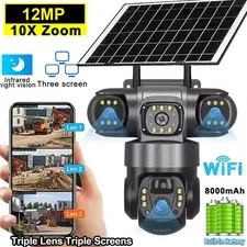3 Lens 12MP Solar Battery Home Security Camera Outdoor Wifi Wireless PTZ CCTV A