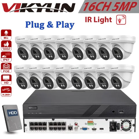 Vikylin 16CH 16POE NVR Kit 5MP IR Turret Security IP Camera POE IR MIC NDAA Lot