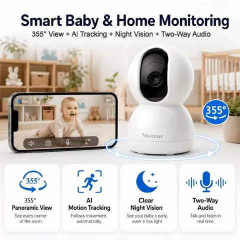 1pc 5MP Baby Monitor Camera with AI Motion Tracking, 355° Panoramic View, Night 