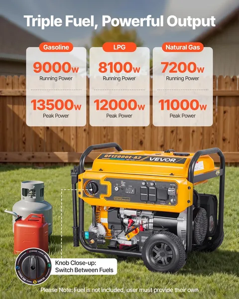 Portable Generator, Gasoline 13500W Peak Watt, LPG 12000W Peak Watt & Natural Ga