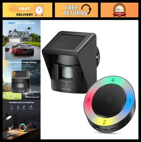 Solar Wireless Driveway Alarm - 2600FT Range, 36 Melodies, 5 Volumes, 4 Zones, W