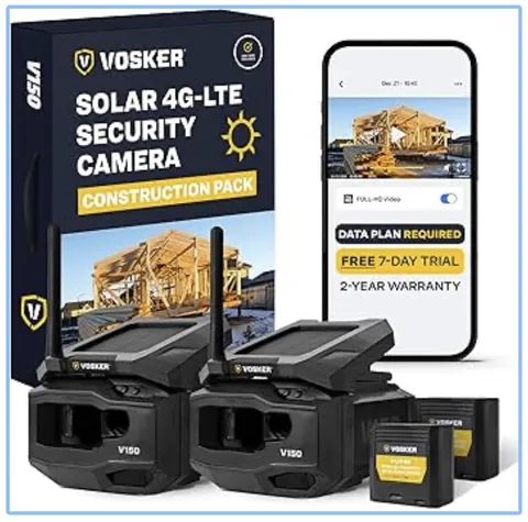 Vosker V150 Construction Pack Solar Powered 4G LTE Security Cameras (2 Pack)