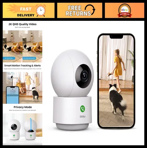 2K Indoor Security Camera - 360° Baby & Pet Monitor, Wi-Fi, Motion Tracking, Nig