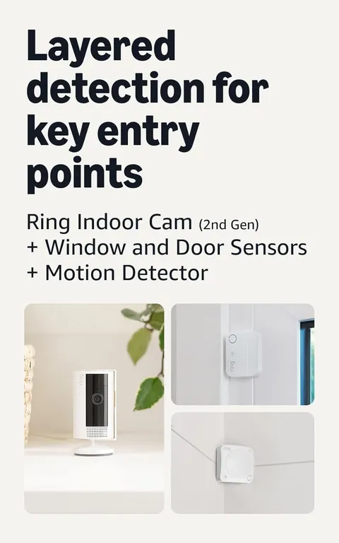 Ring Indoor Cam (2nd Gen), White with 4 Window and Door Sensors (newest model) a