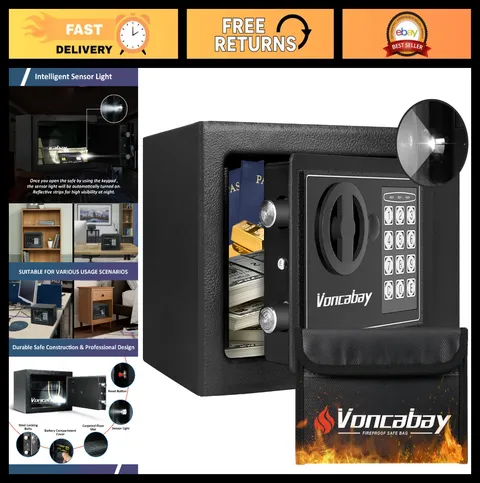 Digital Safe Box with Keypad - Fireproof, 0.23 Cu Ft, 2 Override Keys, Mounting