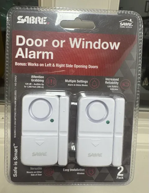 SABRE Door or Window Alarm – 2 Pack – 120dB Wireless Home Security – New