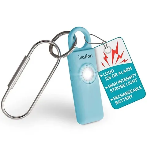 Ivation Personal SOS Alarm, 130dB Rechargeable Keychain Alarm, LED Strobe, Blue