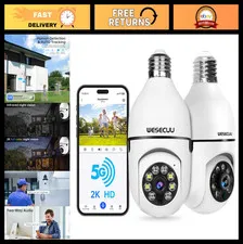 Wireless Light Bulb Security Camera - 2K HD, Motion Detection, Night Vision, Two