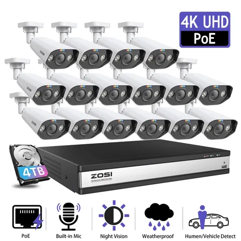 16CH 4K Spotlight Poe Security Camera System, 16Pcs 5MP Poe IP Cameras Outdoor I