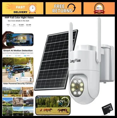 Wireless Solar Security Camera 2K 4MP, 24/7 Recording, Color Night Vision, 2-Way