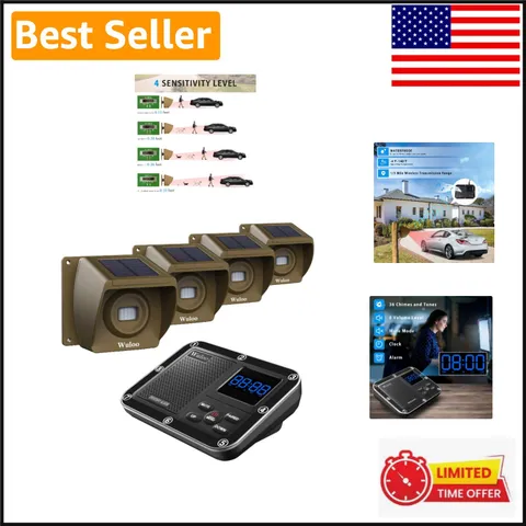 Weatherproof Solar Driveway Alert System - 1 Receiver & 4 Sensors, Rechargeable
