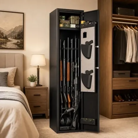 No Assembly Required Biometric Gun Safe for Rifles and Pistols, 3-5 Gun Cabinets
