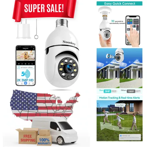 2K/3MP Wireless E27 Light Bulb Security Camera with Alexa Support & Night Vision