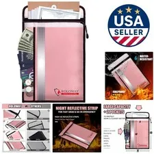 Fireproof Document Bag 15x11 Inches - 2 Pockets, Waterproof & Reflective, Pink