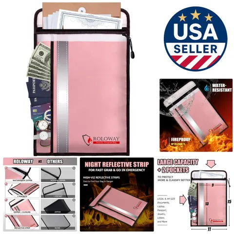 Fireproof Document Bag 15x11 Inches - 2 Pockets, Waterproof & Reflective, Pink