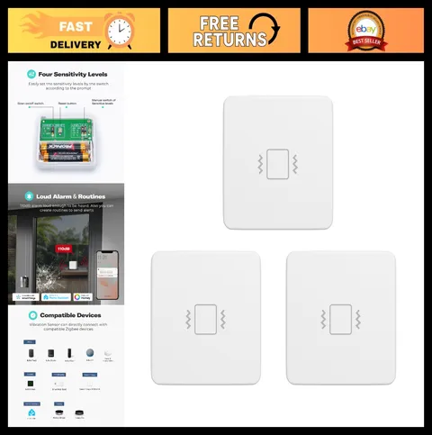 Zigbee Vibration Sensor 3 Pack with 110dB Alarm, Adjustable Sensitivity, Smart H