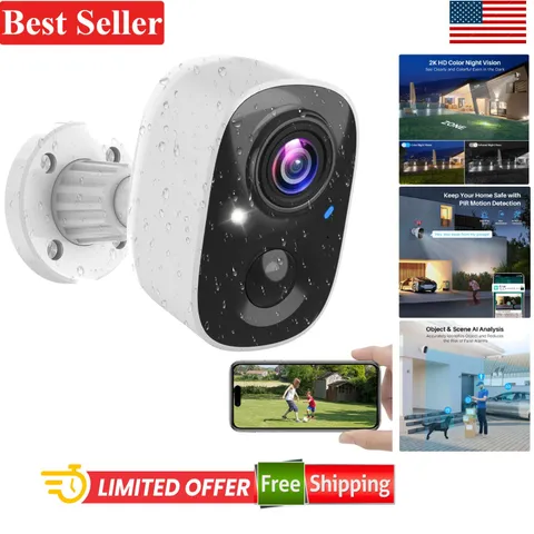 Wireless Outdoor Indoor Security Camera 2K Battery WiFi Night Vision Motion D...