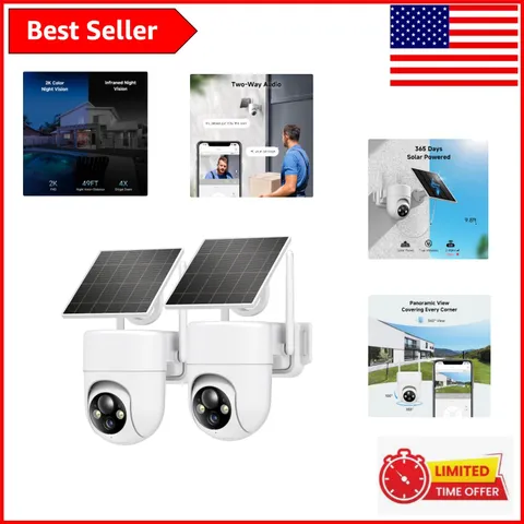 2K Solar Wireless Security Cameras - 360° View, Color Night Vision, 2-Pack