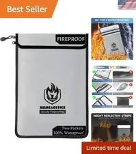 2 Pockets Fireproof Document Bag 15"x11", Protect Values from Fire | 2000 ℉ F...