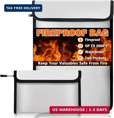 Fireproof Waterproof Document Bag - 2000℉ Protection, Upgraded Two Pockets, Refl