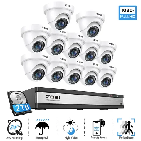 ZOSI 16CH DVR 1080P CCTV Security Remote Access Outdoor Camera System 2TB HDD