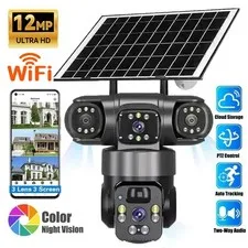 12MP 3 Lens Solar Battery Home Security Camera Outdoor Wifi Wireless PTZ CCTV US