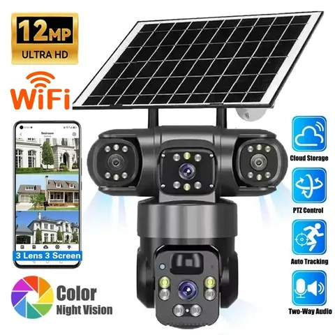 12MP 3 Lens Solar Battery Home Security Camera Outdoor Wifi Wireless PTZ CCTV US
