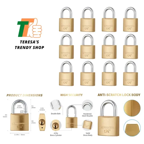 12Pack Small Solid Brass Locks Keyed Alike，1-1/4” 30mm Wide Lock Body, 1/5” S...