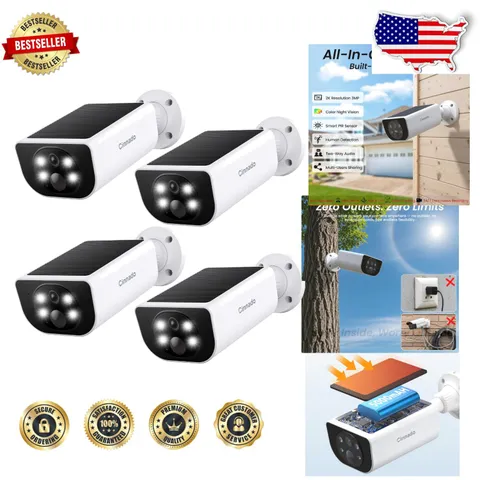 Outdoor Security Cameras 4 Pack | 2K Wi-Fi Wireless Solar Powered, Night Visi...