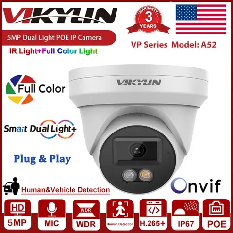 Vikylin 5MP POE IP Camera Dual Light Full Color + IR Light w/Audio Onvif Wired