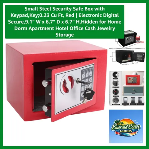 Small Steel Security Safe Box with Keypad,Key;0.23 Cu Ft, Red | Electronic Di...