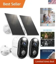 2-Pack Wireless Outdoor Security Cameras - 2K Color Night Vision, Solar Powered