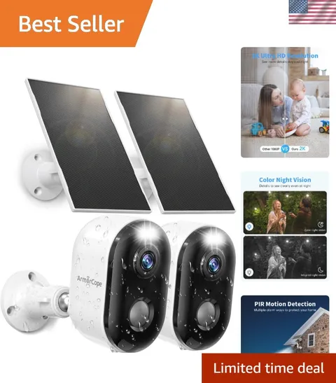 2-Pack Wireless Outdoor Security Cameras - 2K Color Night Vision, Solar Powered