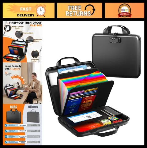 Fireproof Document Organizer with Lock, Water-Resistant File Box & 13-Pocket Acc