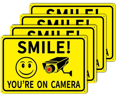 4-Pack Smile You're On Camera Signs 8"x12" Rust Free Aluminum Video Surveillance