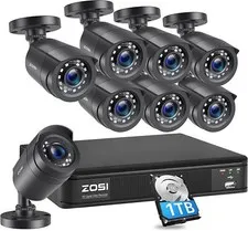 ZOSI H.265+ 8 x 1080p CCTV camera Security System 8CH 1TB DVR 80ft Night Vision