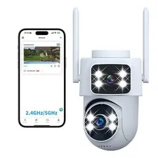 Dual Lens 2K Outdoor Security Camera – 360° Pan & 90° Tilt PTZ, 5GHz/2.4G WiF...