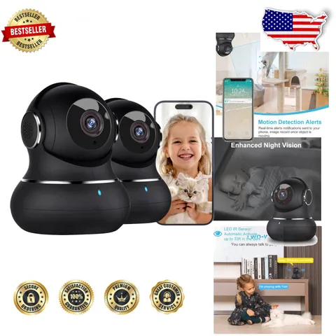 Crystal Clear 2K Indoor Camera 2pk 360° Night Vision WiFi Motion Tracking