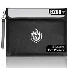 2 Pockets Fireproof Document Bag 6200F 10 Layers Waterproof Cash Black