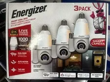 Energizer 5 GHz 2K Pan & Tilt Camera w/ multi-white 1000 Lumen Lightbulb. 3 Pack