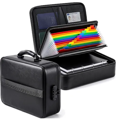 Fireproof Document Box w/ Lock, 16 Pocket Organizer, Waterproof & Fire-Resistant