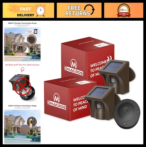 Solar Wireless Driveway Alarm System - 1/2 Mile Range, 2 Weatherproof Sensors, M