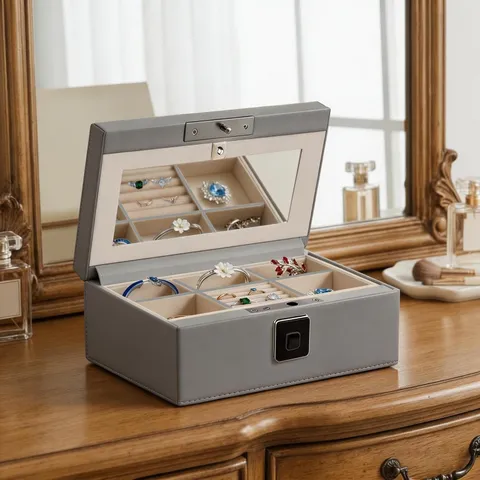Biometric Jewelry Safe, Leather Wrapped Jewelry Box with Mirror, Gray